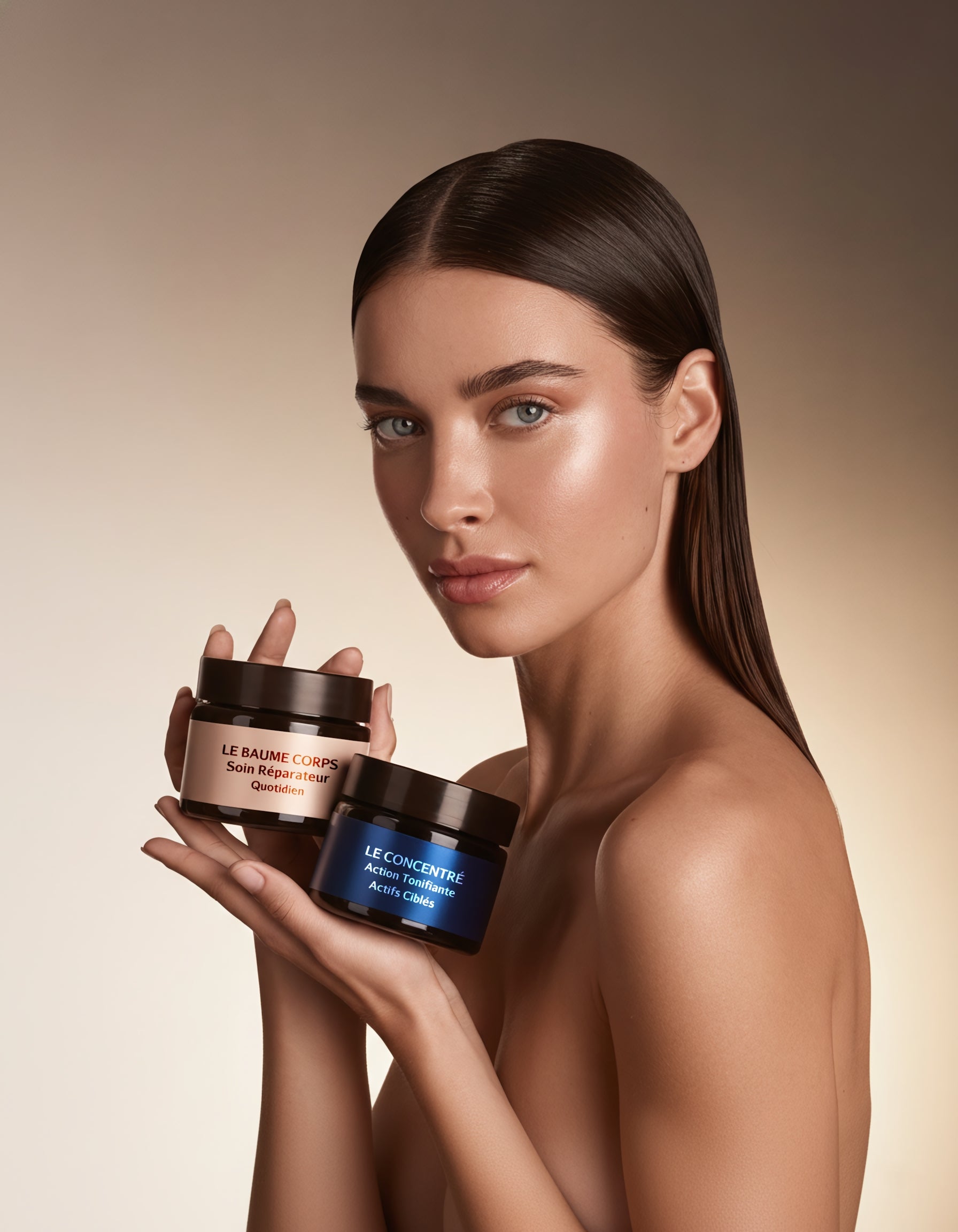 Close‑up of a woman with luminous, natural makeup and sleek dark hair holding two Allnord body care jars, Le Baume Corps and Le Concentré, against a warm beige gradient background.