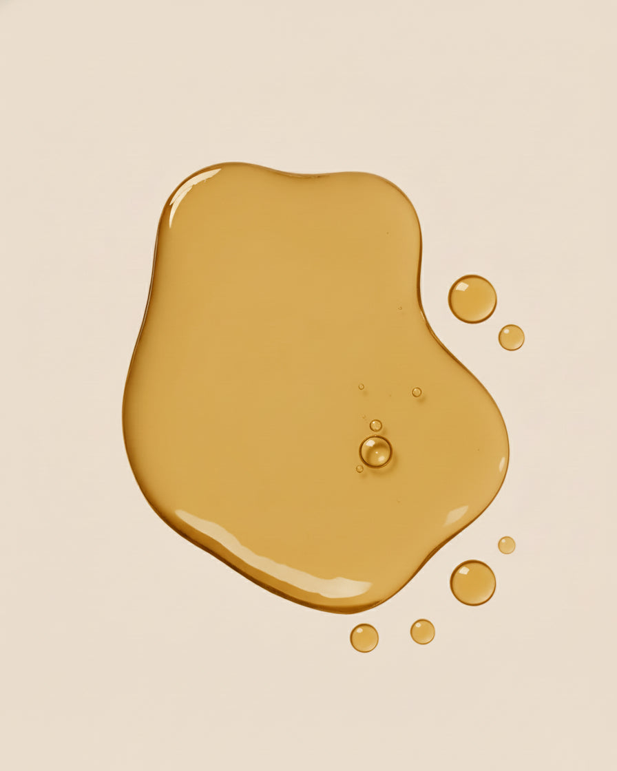 Large glossy pool of warm golden oil with small satellite droplets on a neutral backdrop, highlighting the smooth, non‑greasy texture.