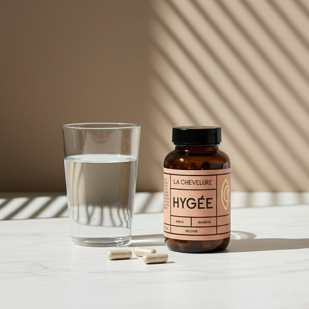 An amber glass HYGÉE La Chevelure bottle stands beside a clear glass of water and three ivory capsules on a white marble surface under diagonal striped shadows. A fresh usage scene with clean lines and warm neutral palette.