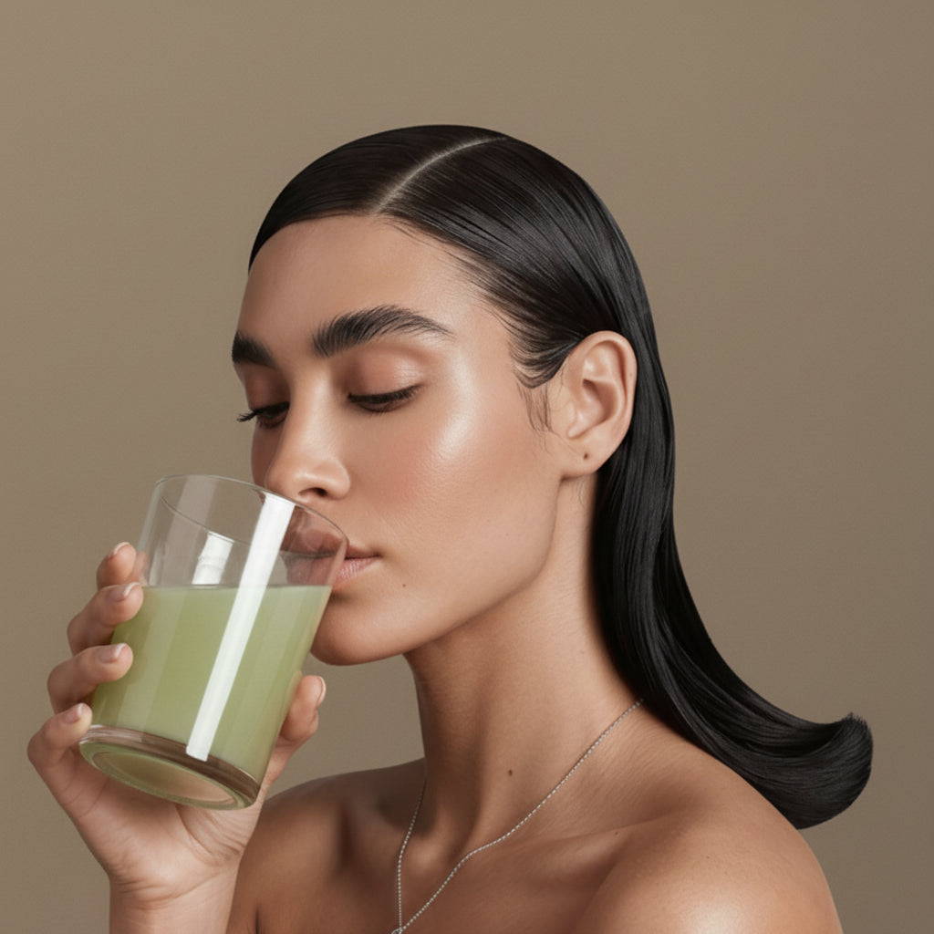 Close‑up side profile of a person sipping a clear glass filled with a light green La Détox drink against a neutral beige backdrop, styled with dewy skin and a modern beauty look.