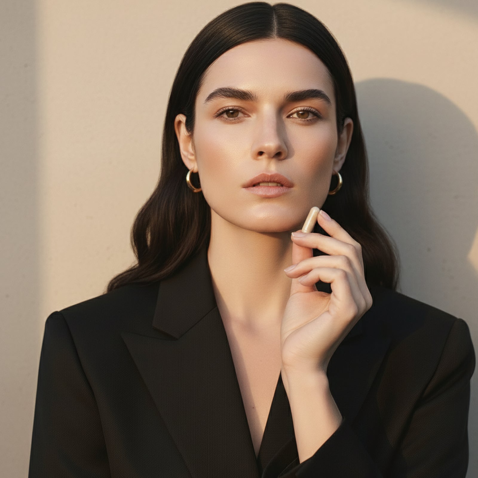 A woman with sleek dark hair and gold hoop earrings holds a pale HYGÉE La Peau capsule near her cheek in a black blazer against a neutral backdrop. A refined studio portrait with luminous skin and minimal styling.