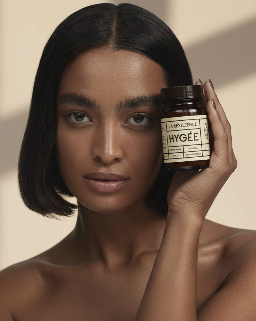 A person with sleek chin‑length dark hair holds an amber HYGÉE La Résilience bottle beside the face against a warm neutral background with calm natural light.