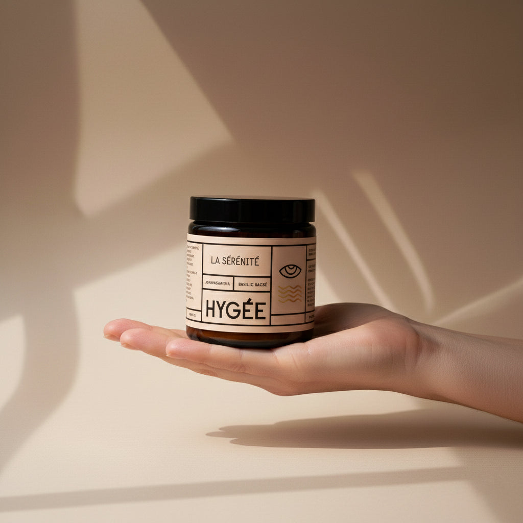 A black‑lidded amber HYGÉE La Sérénité jar rests on an open hand against a warm beige backdrop with gentle geometric shadows, showcasing the minimalist cream label.