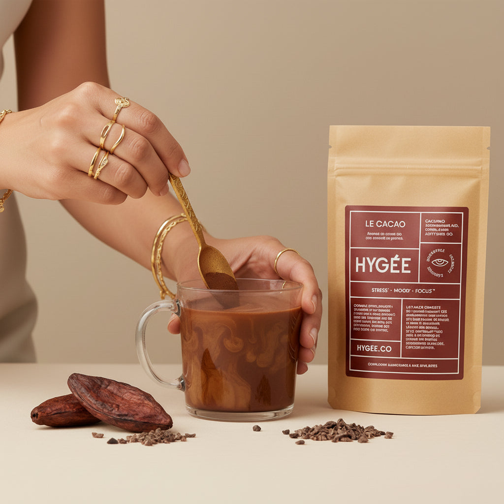 A gold spoon stirs a glass mug of hot cacao beside Allnord’s HYGÉE Le Cacao pouch, with cacao nibs and split pods scattered on a neutral tabletop. A tactile preparation moment with gentle shadows and rich chocolate tones.