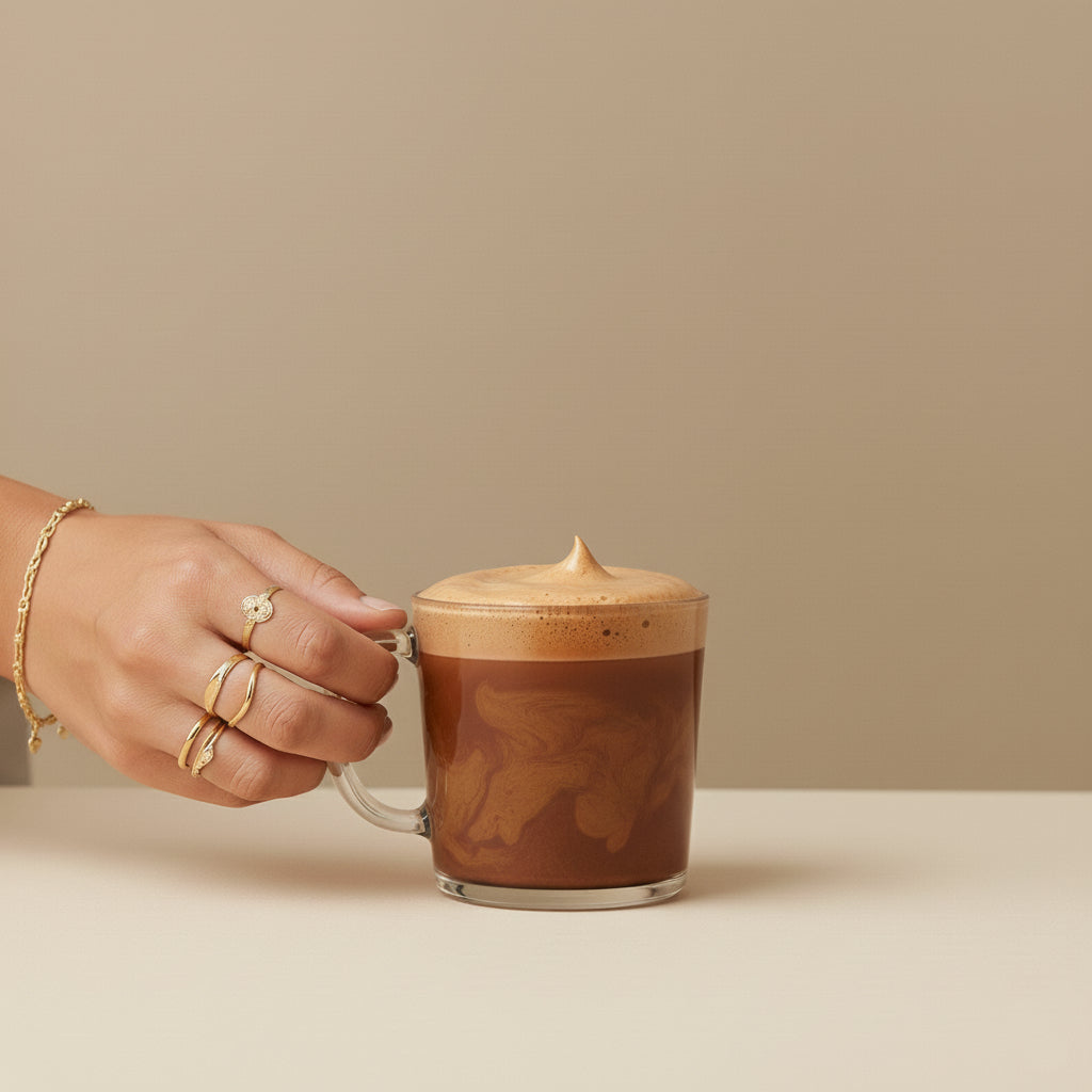 A hand with gold rings holds a clear mug of frothy cacao latte on a beige surface, showing creamy swirls and a peaked foam cap. A minimal, cozy scene in warm tones with soft studio light.