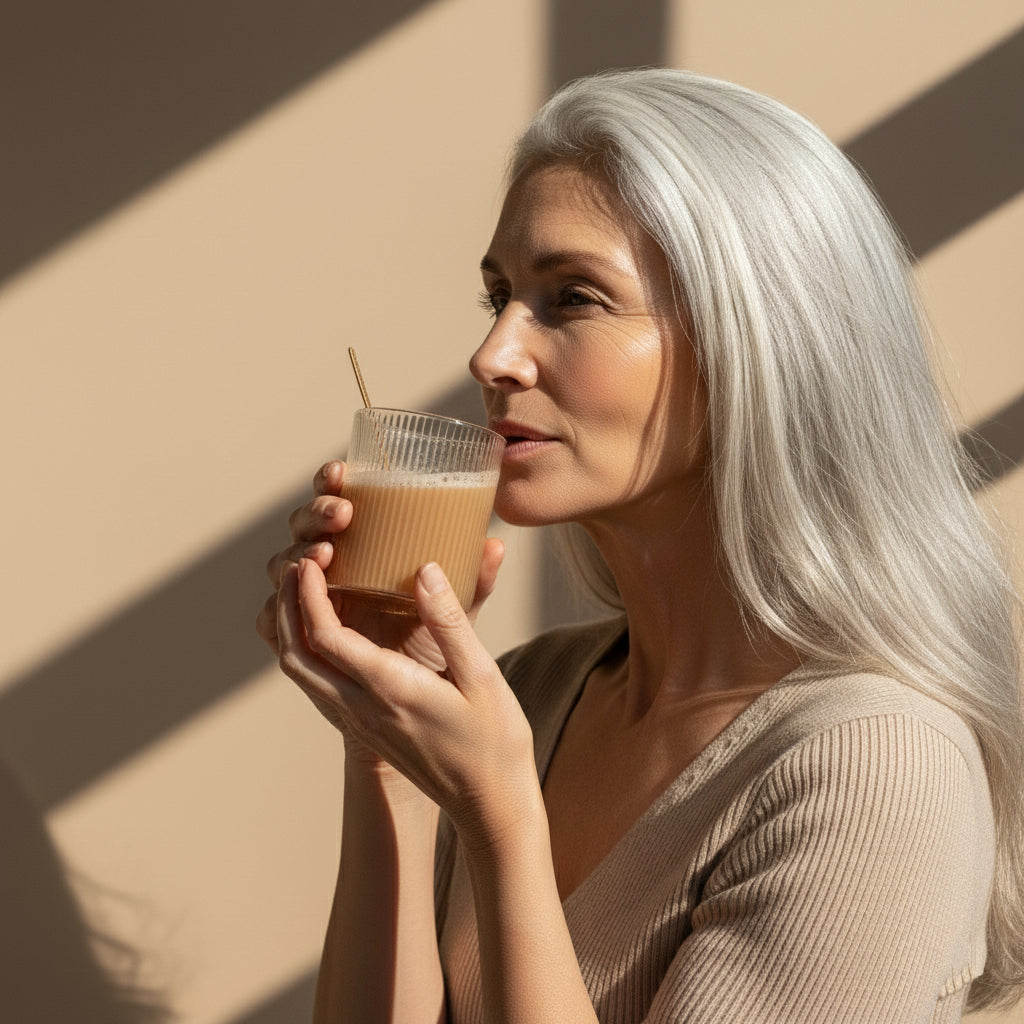 A woman with long silver hair holds a ribbed glass of beige collagen drink in diagonal sunlight against a warm neutral backdrop. A serene lifestyle moment with soft shadows and refined, Nordic minimalism.