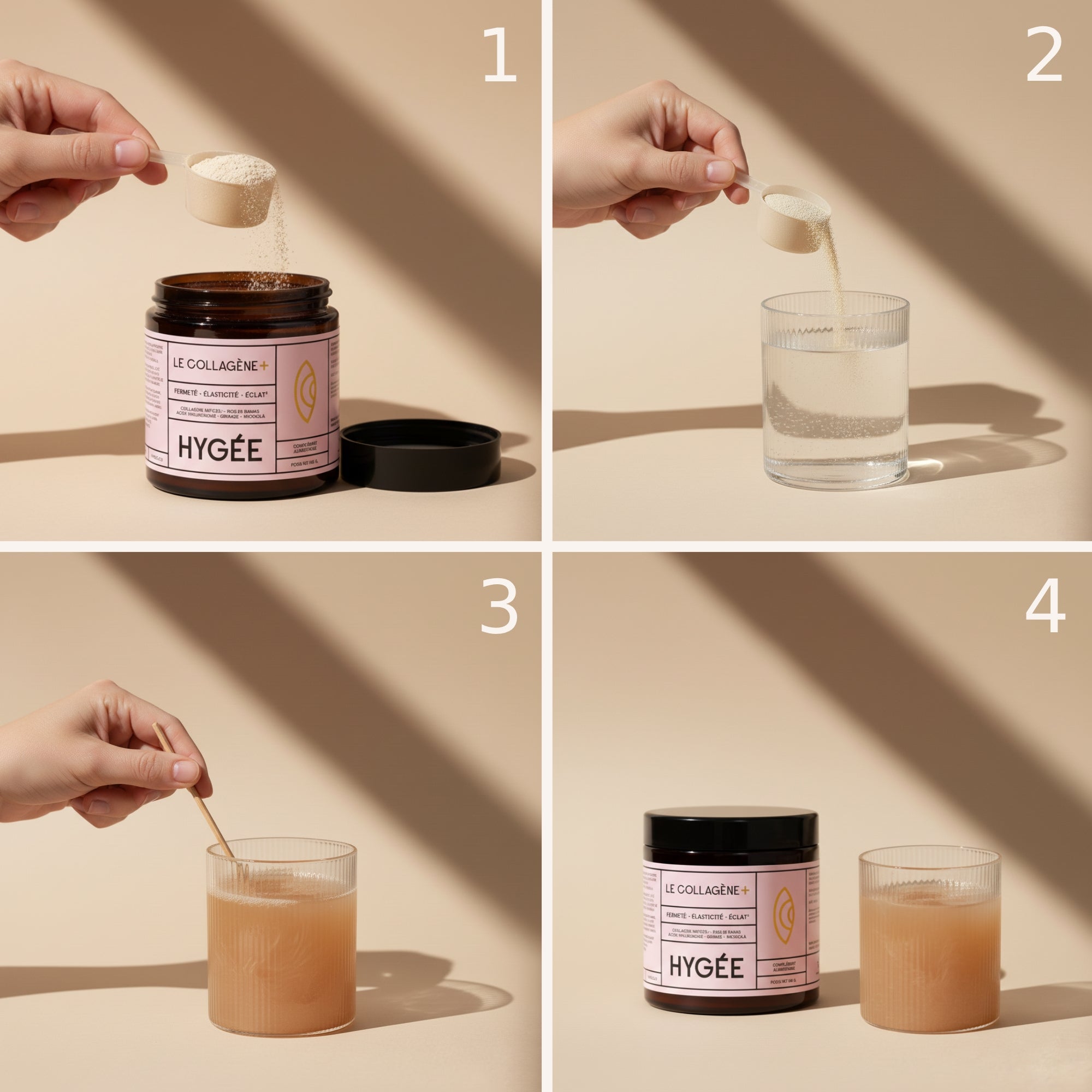 A four‑panel collage on a warm beige background shows a gold scoop adding collagen powder to an open HYGÉE Le Collagène+ jar, pouring a scoop into a clear water glass, stirring the mixture to a peachy drink, and the finished beverage beside the closed jar under soft diagonal shadows.