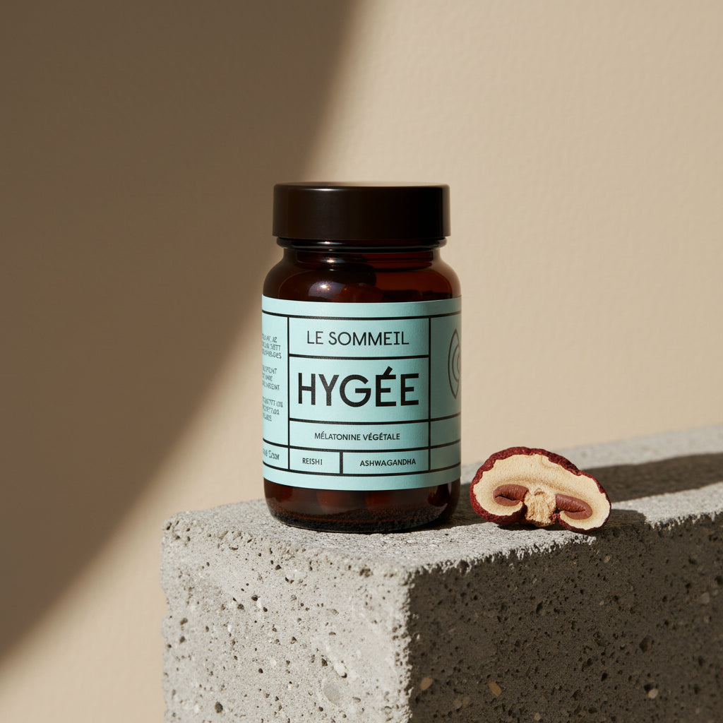 An amber HYGÉE Le Sommeil jar rests on a textured concrete block with a cross‑section of reishi mushroom, styled in directional sunlight against a soft neutral wall.