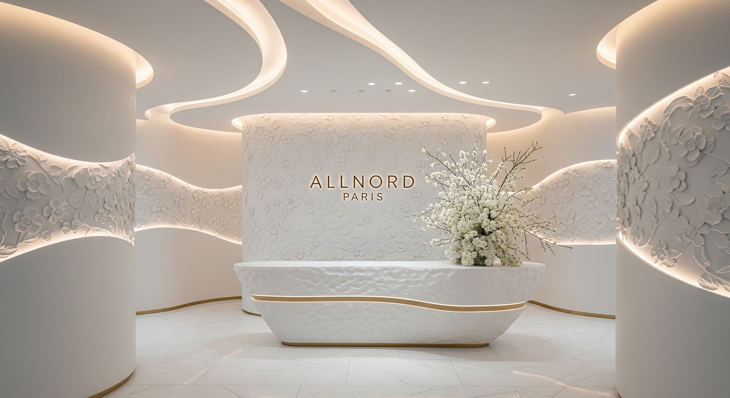 Interior view of the Allnord Paris flagship lobby featuring a central marble‑like reception desk, white sculpted floral walls and soft curved ceiling lighting, creating a serene luxury skincare and wellness atmosphere.