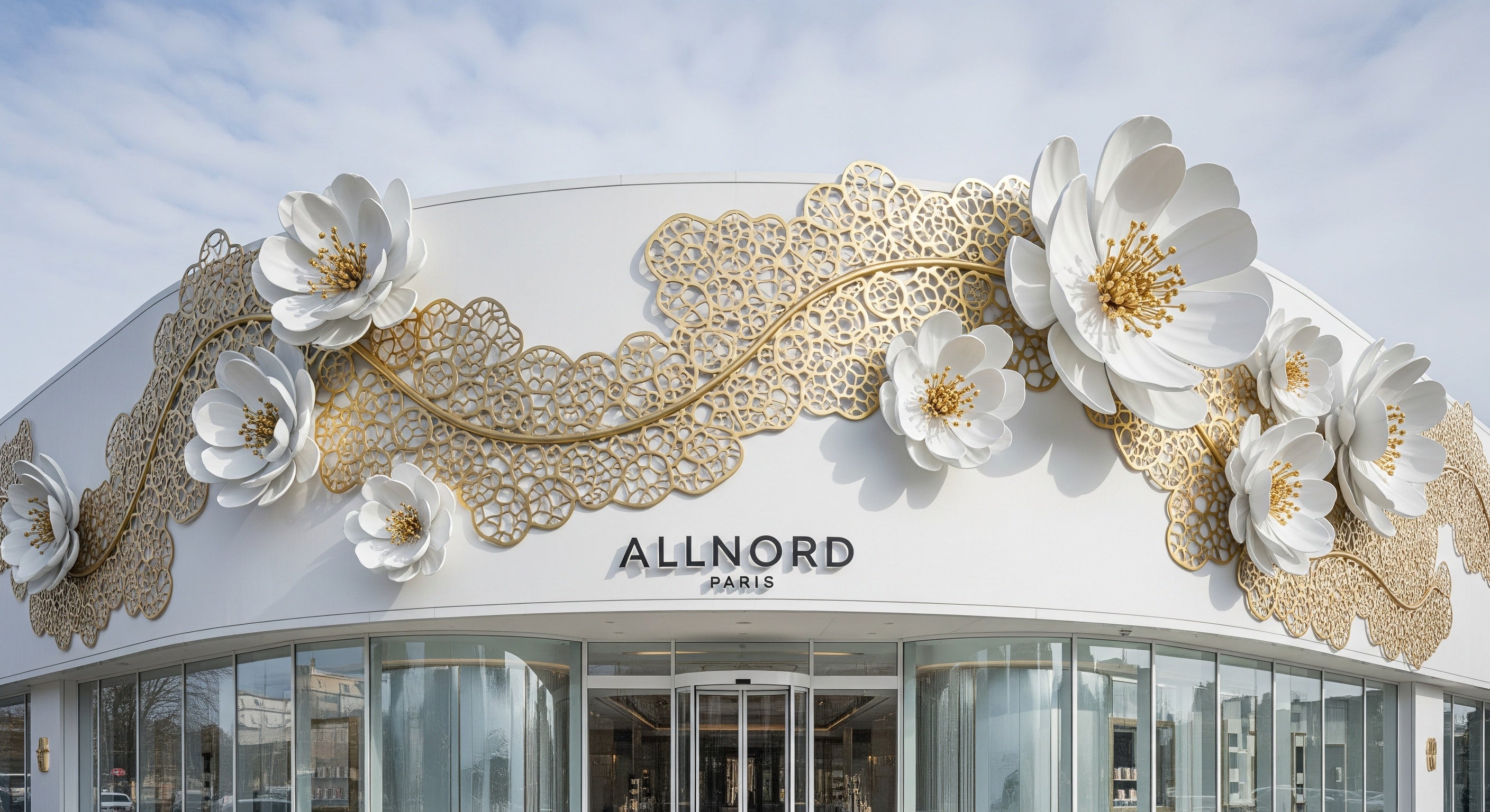 Exterior view of the Allnord Paris flagship store featuring oversized white floral sculptures and an ornate gold lace frieze across a curved white façade above the glass entrance, showcasing the brand’s luxury skincare universe.