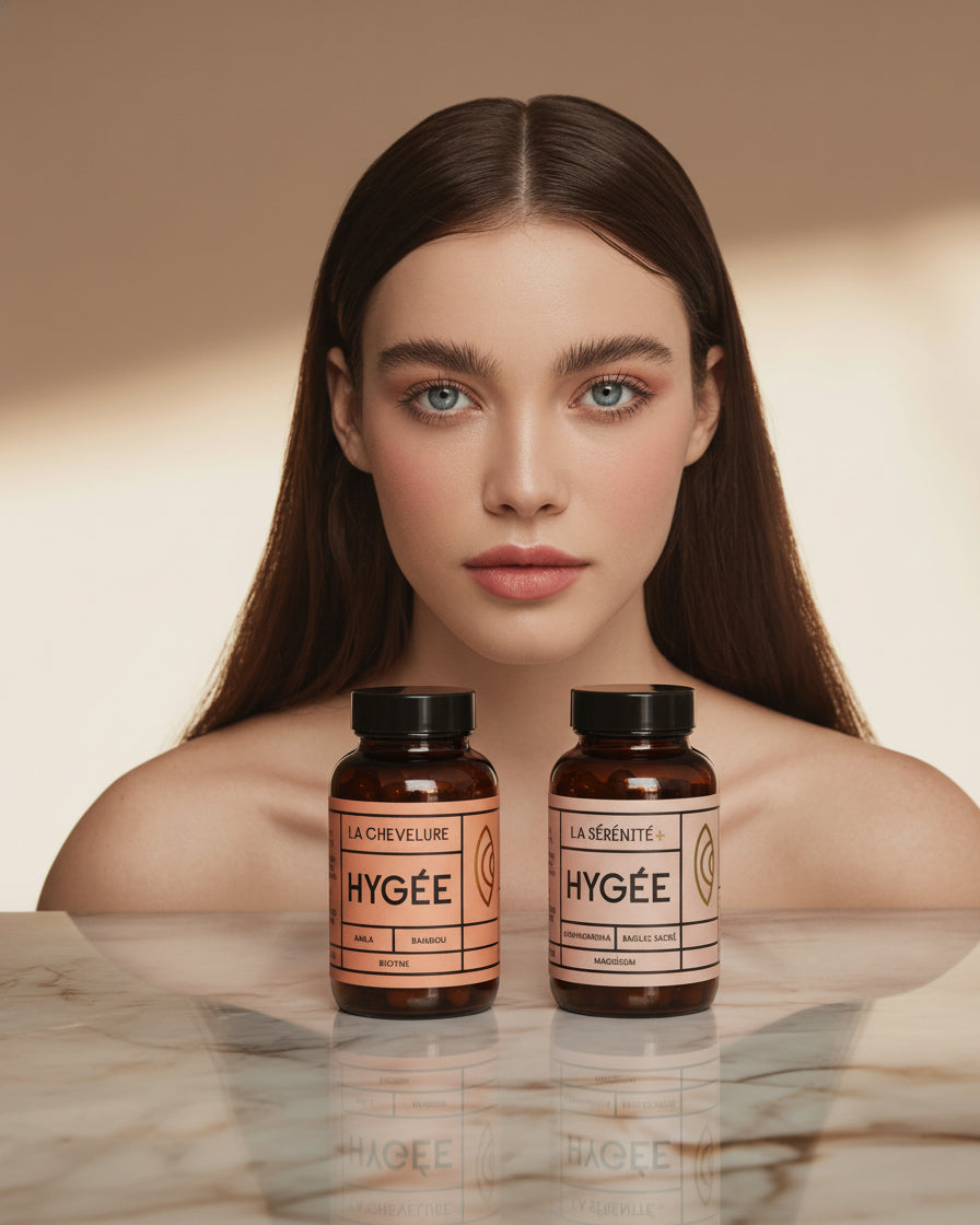 A model with long, sleek hair and luminous skin looks directly at the camera while HYGÉE La Chevelure and La Sérénité+ bottles stand side by side on a glossy marble surface in front, reflecting soft studio light.