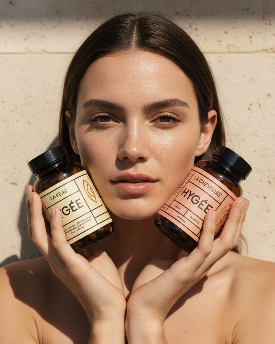 A person with luminous, natural makeup poses against a textured stone wall while holding HYGÉE La Peau and La Chevelure amber bottles near the face in warm afternoon light.
