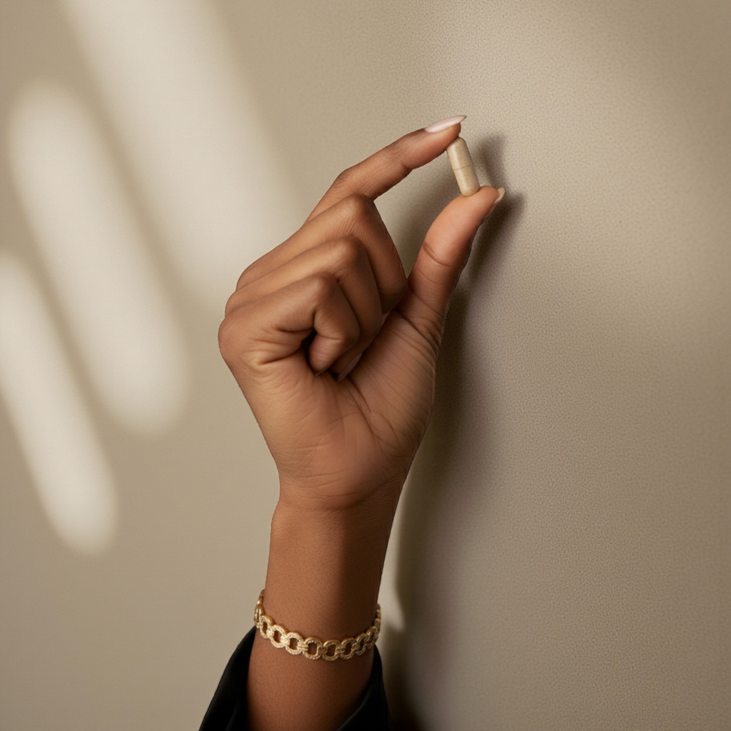 A hand wearing a gold chain bracelet pinches an Allnord HYGÉE La Chevelure capsule against a softly lit, textured beige wall with diagonal light bands. A clean, clinical close‑up evoking a simple daily ritual in warm neutrals.