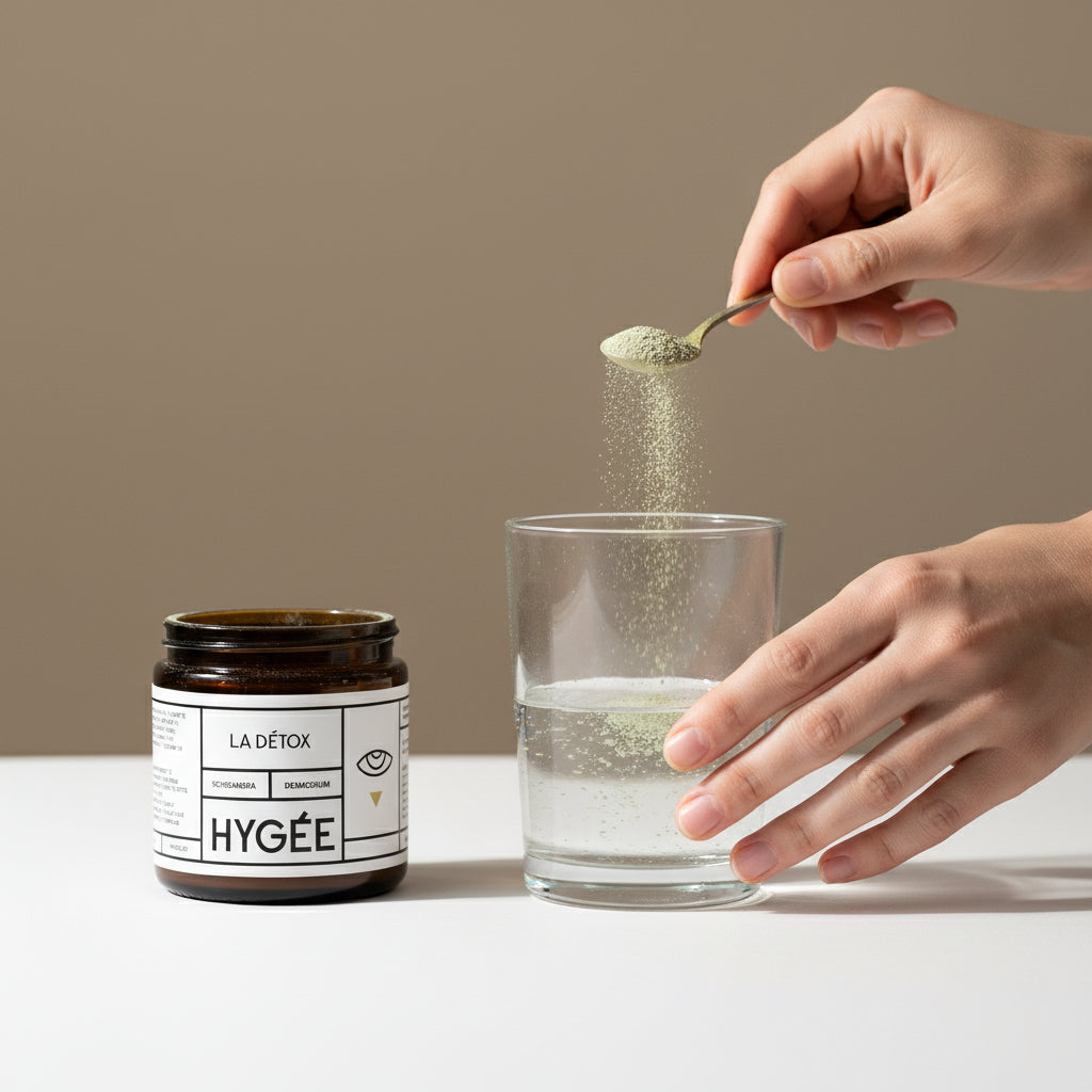 Hands sprinkle pale green detox powder from a gold spoon into a clear glass of water beside a dark glass HYGÉE La Détox jar on a white countertop. A tactile preparation scene with soft natural light and gentle motion.​