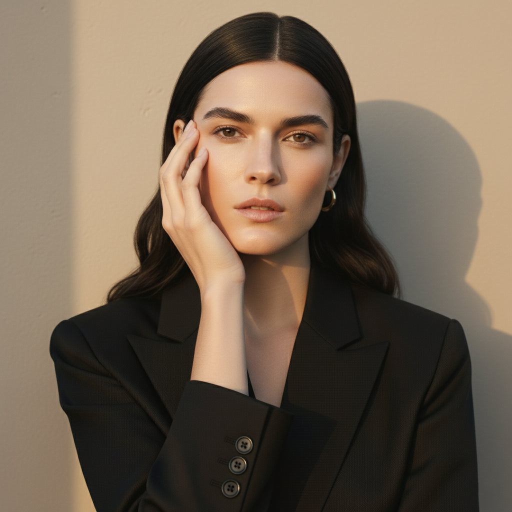 A refined portrait of a woman in a black blazer touching her cheek beside a textured stone wall, lit by late‑afternoon sun. An editorial campaign image for Allnord’s HYGÉE La Peau skin supplement with a minimal, authoritative mood.