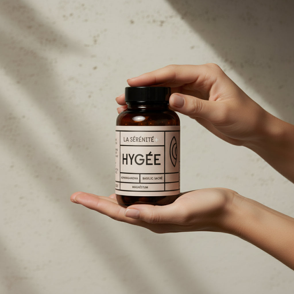 Two hands gently present an amber glass HYGÉE La Sérénité+ bottle with a beige label against a speckled stone wall in warm sunlight, casting soft natural shadows.