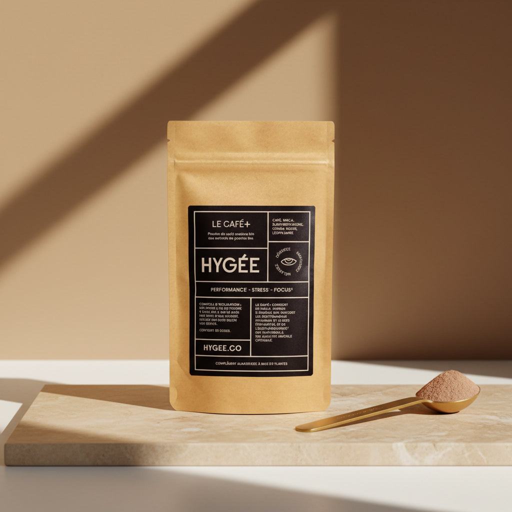 A kraft HYGÉE Le Café+ pouch with a black label stands on a pale marble slab with a gold spoon filled with fine beige coffee blend powder, framed by warm studio light.