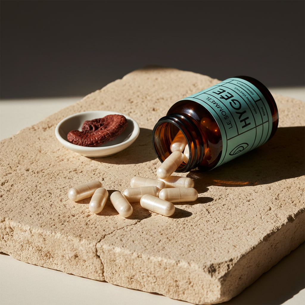 An amber HYGÉE Le Sommeil jar tipped on its side releases glossy beige capsules onto a textured stone tile beside a small dish holding a crimson‑edged reishi slice.