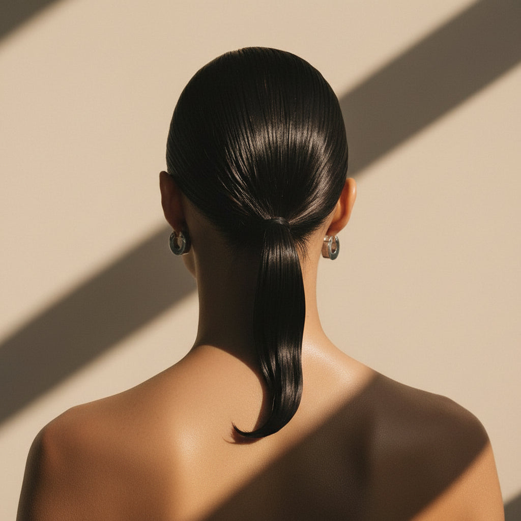 Back view of a woman with glossy, straight black hair tied in a low ponytail, wearing sculptural silver earrings, lit by warm window light that casts soft diagonal shadows on a nude wall.​