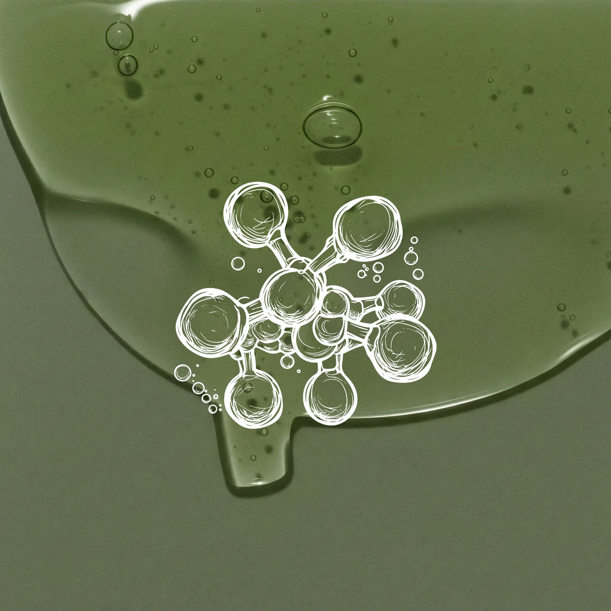 Close‑up of translucent green serum with suspended bubbles and a white hand‑drawn hyaluronic acid molecule icon, symbolising deep hydration, plumping and skin barrier support for Allnord treatments.​