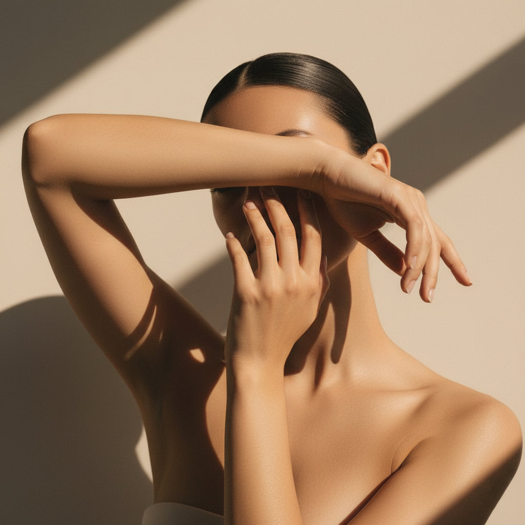 Woman with smooth, bronzed skin holds one arm across her forehead while the other hand touches her face, standing against a beige wall where natural sunlight creates graphic shadows and a serene, intimate skincare atmosphere.