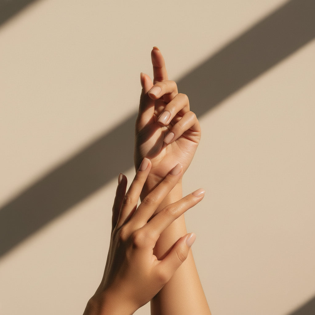 Delicate hands with nude manicured nails are softly intertwined and reaching upward against a beige wall, with warm sunlight and shadows creating a minimal, sensorial skincare moment.​