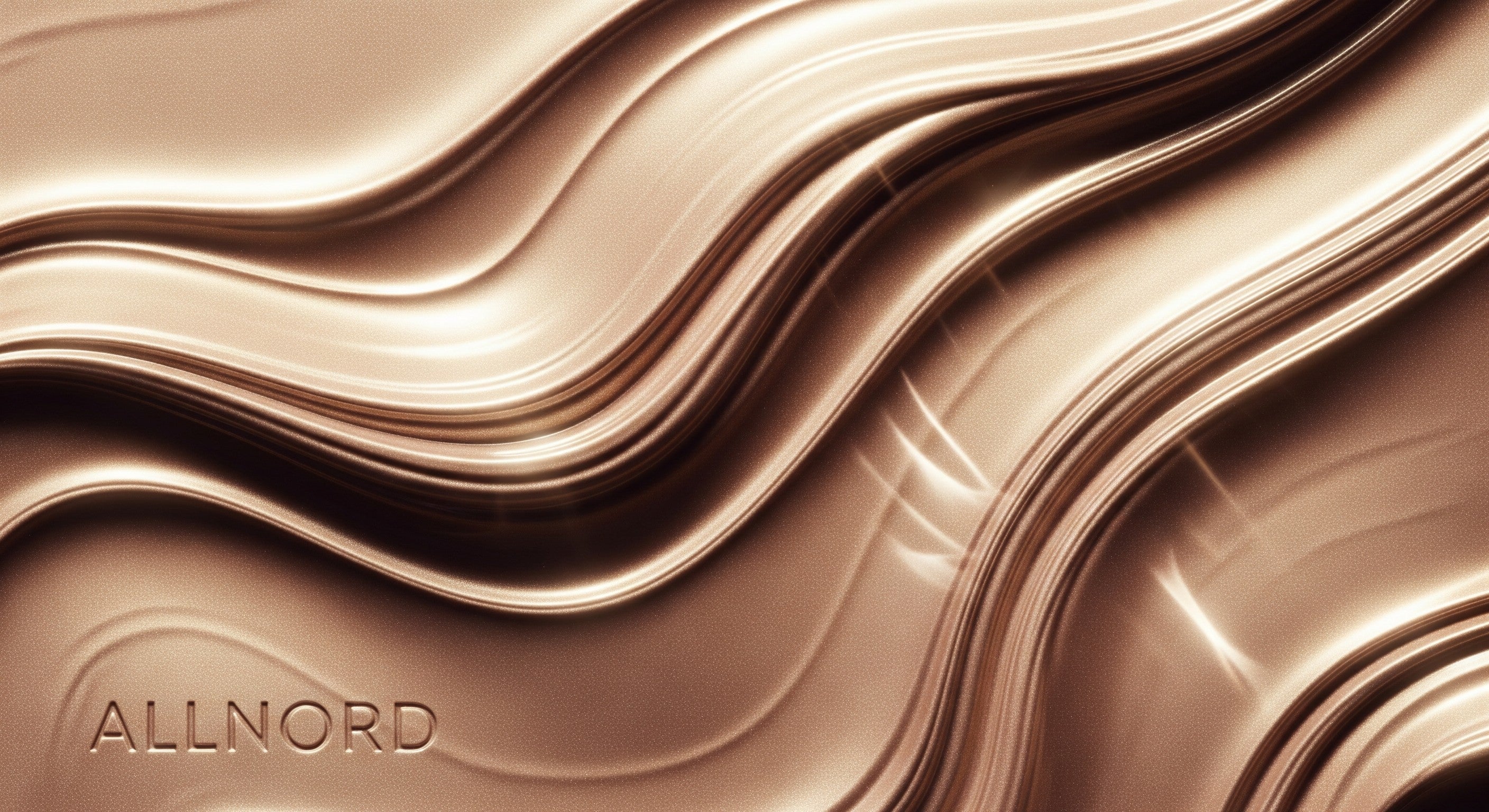 Wide horizontal abstract of metallic bronze cream forming soft undulating lines with the Allnord wordmark in the corner, ideal as a backdrop for high‑end skincare, foundation and body care visuals.