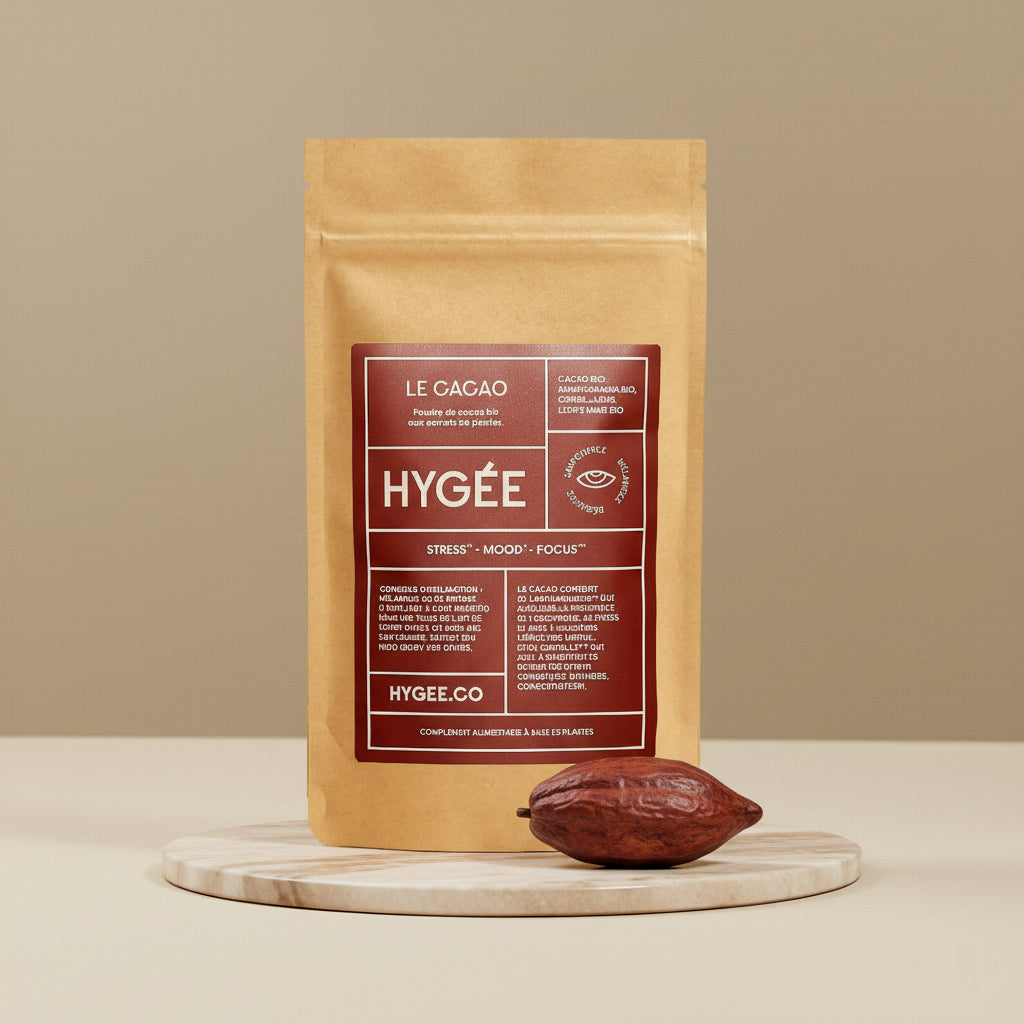 Front view of a kraft paper pouch of HYGÉE Le Cacao stress, mood and focus cacao powder standing on a round marble tray, styled with a single whole cacao pod in front against a warm beige background.​